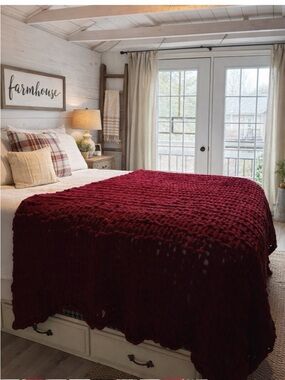 Handmade Large Plush Chunky Open Knit  Burgundy Chenille Blanket